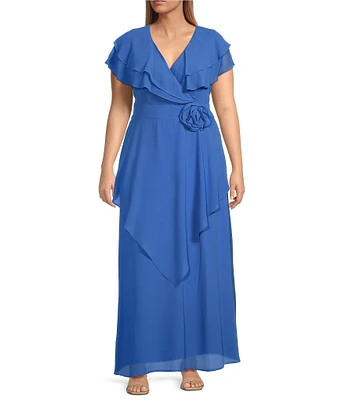 Jessica Howard Plus Size Long Ruffle Rosette Chiffon Dress