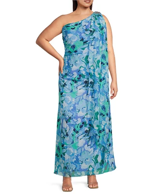 Jessica Howard Plus Size One Shoulder Floral Print Dress