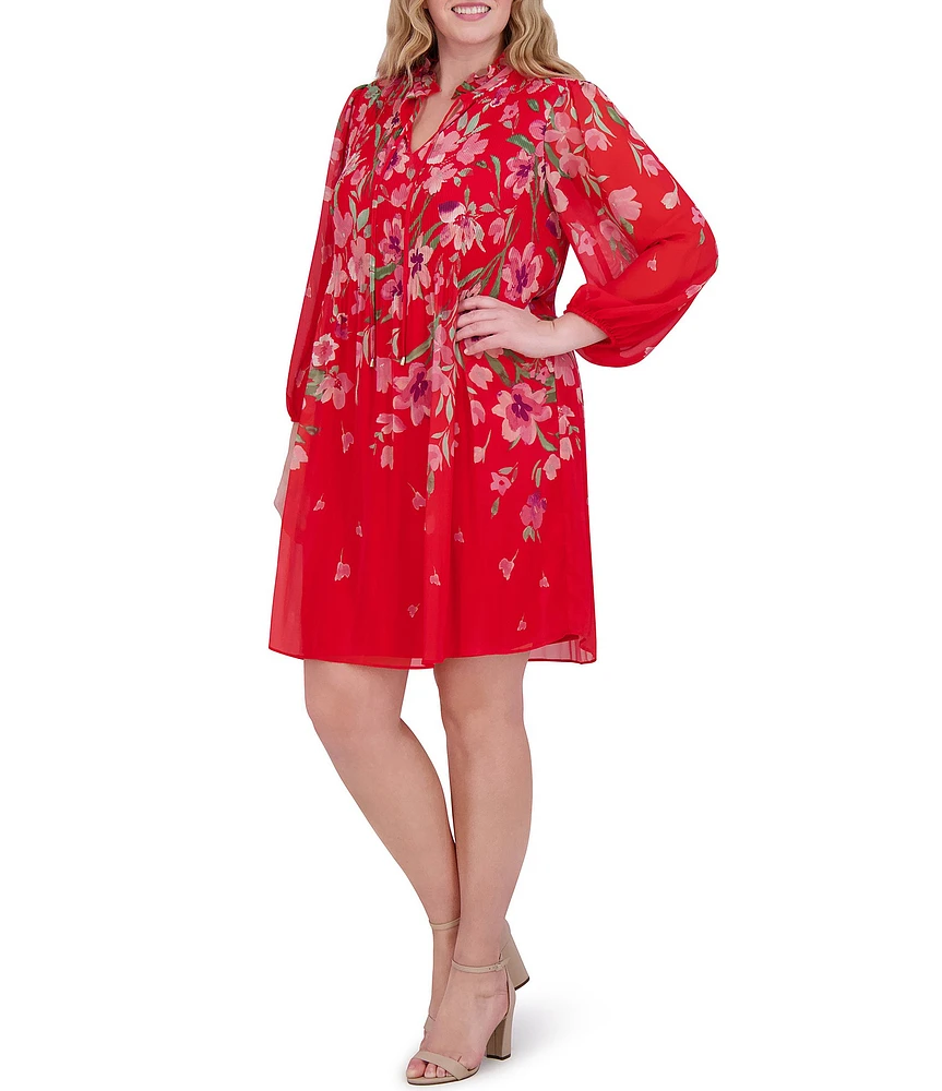 Jessica Howard Plus Size Tie Split Neck Long Balloon Sleeve Pleated Bodice Chiffon Shift Dress