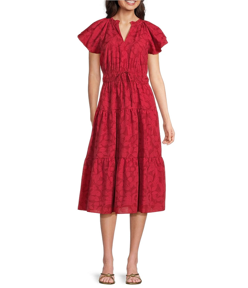 Jessica Howard Split V-Neck Short Sleeve A-Line Midi Dress