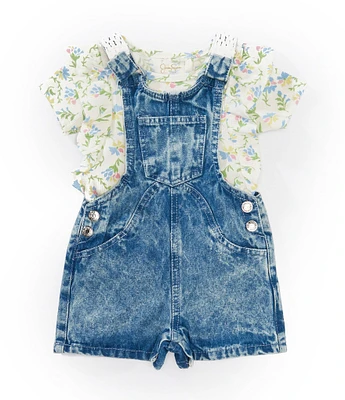 Jessica Simpson Baby Girls Crocheted-Strap Denim Shortall & Short-Sleeve Floral-Printed Rib-Knit T-Shirt