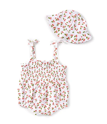 Jessica Simpson Baby Girls Cherry Printed Gauze Smocked Tie Shoulder Bubble Ruffle & Sun Hat Set