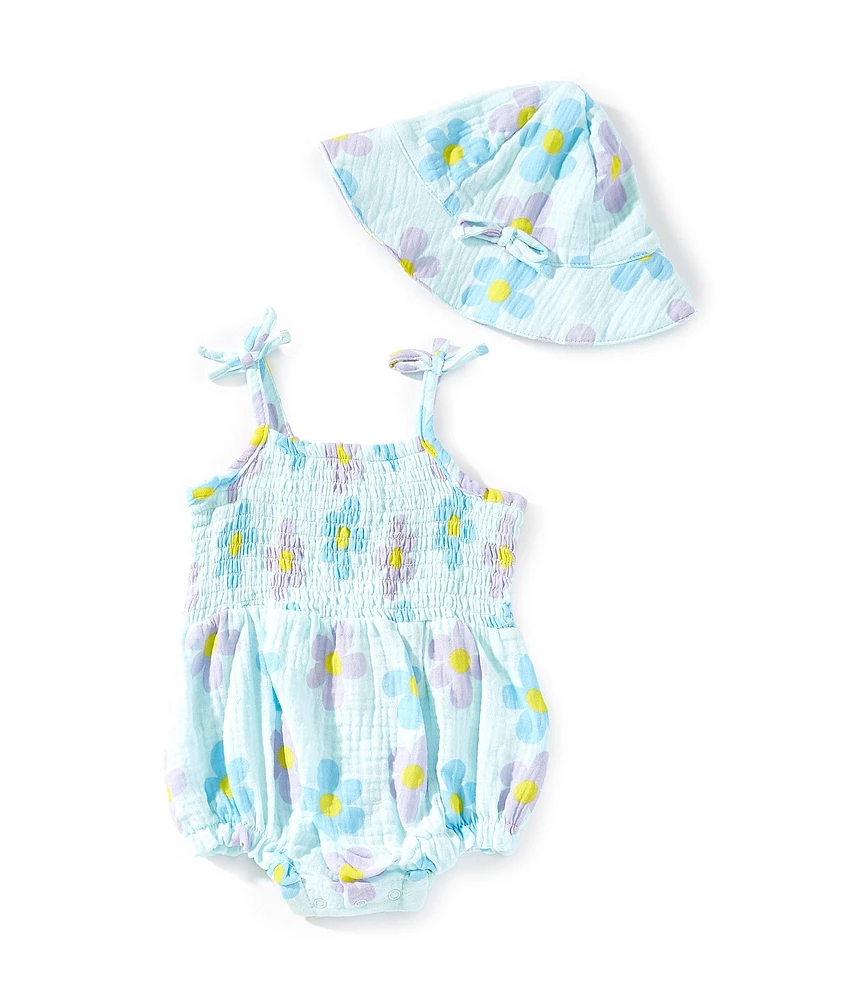 Jessica Simpson Baby Girls Floral Printed Smocked Tie Shoulder Bubble Ruffle & Sun Hat Set