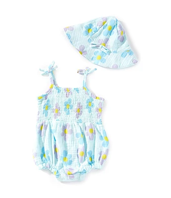 Jessica Simpson Baby Girls Floral Printed Smocked Tie Shoulder Bubble Ruffle & Sun Hat Set