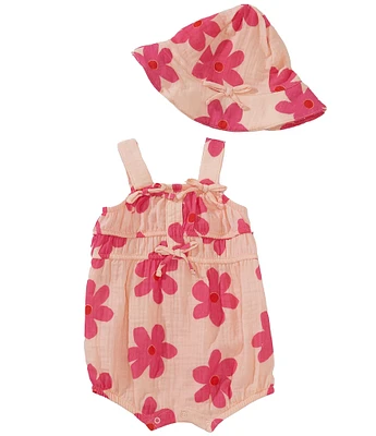 Jessica Simpson Baby Girls Flower Print Sleeveless Romper and Hat Set