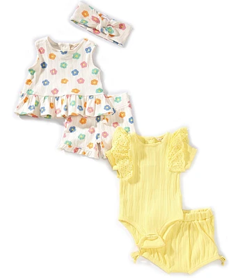Jessica Simpson Baby Girls Flower-Print Top, & Matching Shorts, Solid Bodysuit & Matching Shorts Four-Piece Set