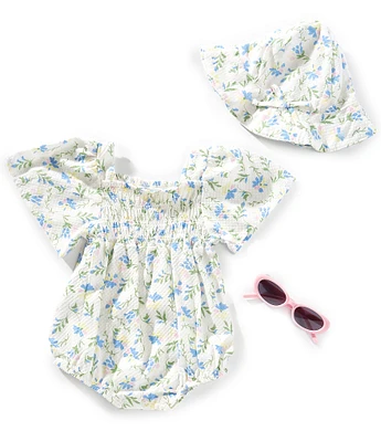 Jessica Simpson Baby Girls Flutter-Sleeve Floral-Printed Textured Basketweave Romper