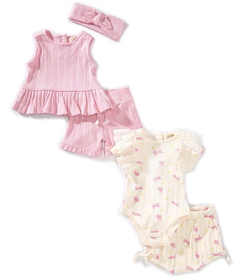 Jessica Simpson Baby Girls Sleeveless Solid Top, Solid Shorts, Printed Bodysuit & Printed Shorts Four-Piece Set