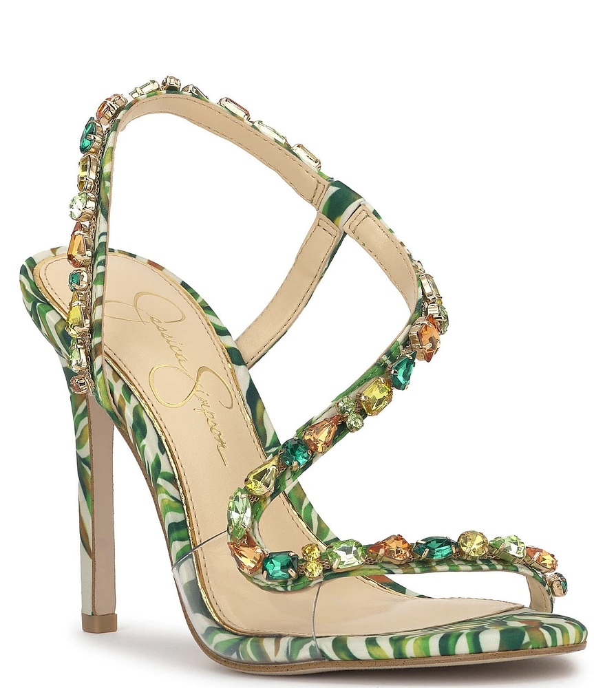 Jessica Simpson Jaycin Palm Print Jewel Embellished Asymmetrical Dress Sandals