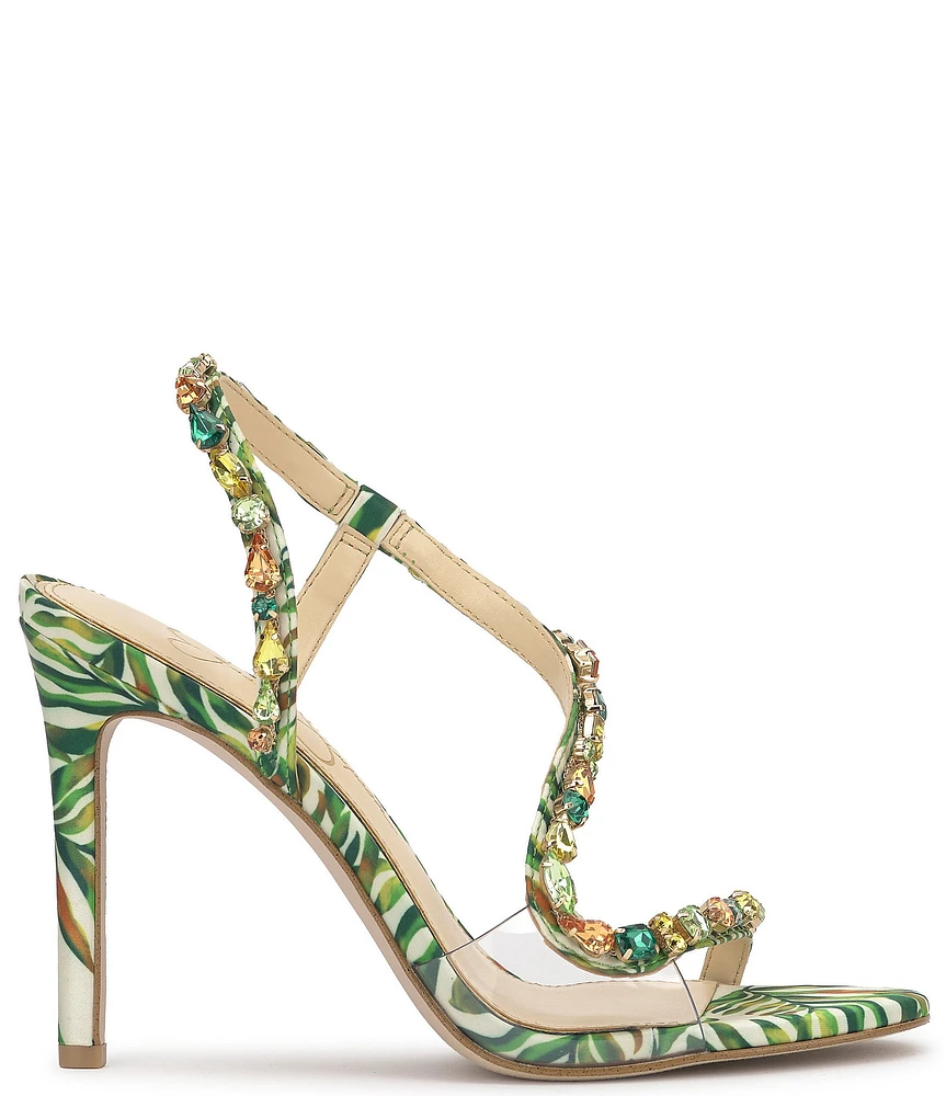 Jessica Simpson Jaycin Palm Print Jewel Embellished Asymmetrical Dress Sandals
