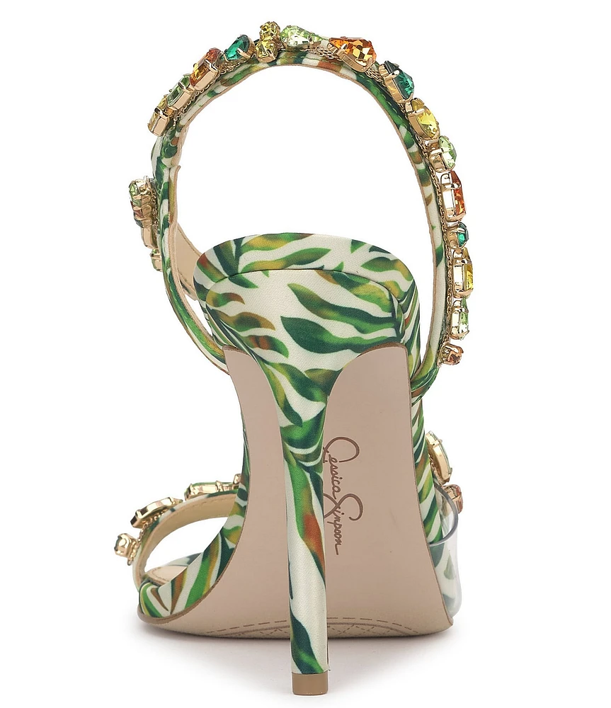 Jessica Simpson Jaycin Palm Print Jewel Embellished Asymmetrical Dress Sandals