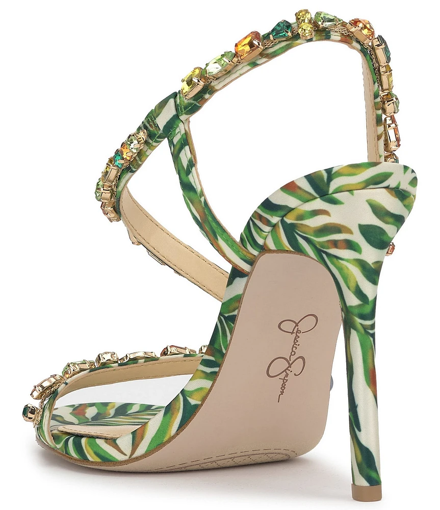 Jessica Simpson Jaycin Palm Print Jewel Embellished Asymmetrical Dress Sandals
