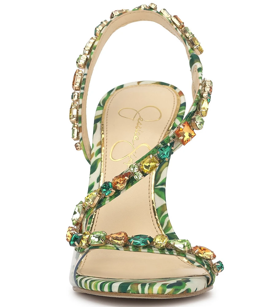 Jessica Simpson Jaycin Palm Print Jewel Embellished Asymmetrical Dress Sandals