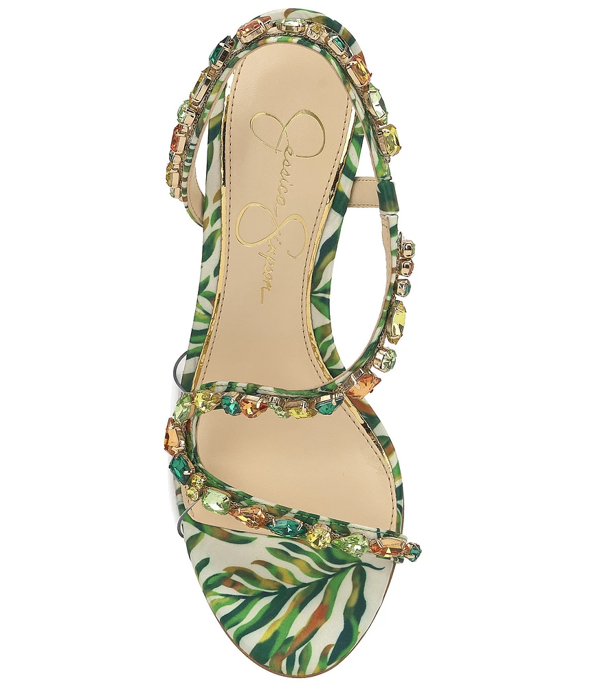 Jessica Simpson Jaycin Palm Print Jewel Embellished Asymmetrical Dress Sandals