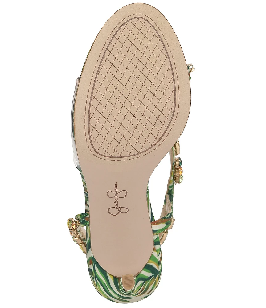 Jessica Simpson Jaycin Palm Print Jewel Embellished Asymmetrical Dress Sandals