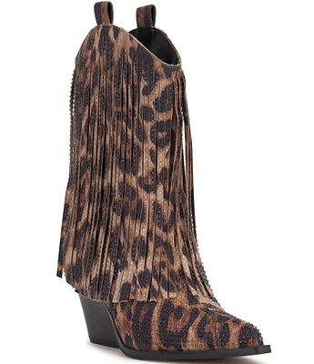 Jessica Simpson Paredisa Leopard Print Rhinestone Embellished Fringe Western Booties