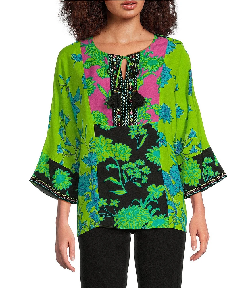 John Mark Embroidered Printed Split Round Neck 3/4 Dolman Sleeve Tassel Tie Tunic