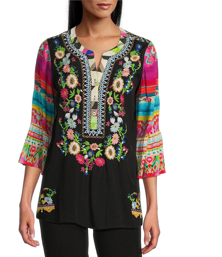 John Mark Embroidered Floral Y-Neck 3/4 Sleeve Tunic