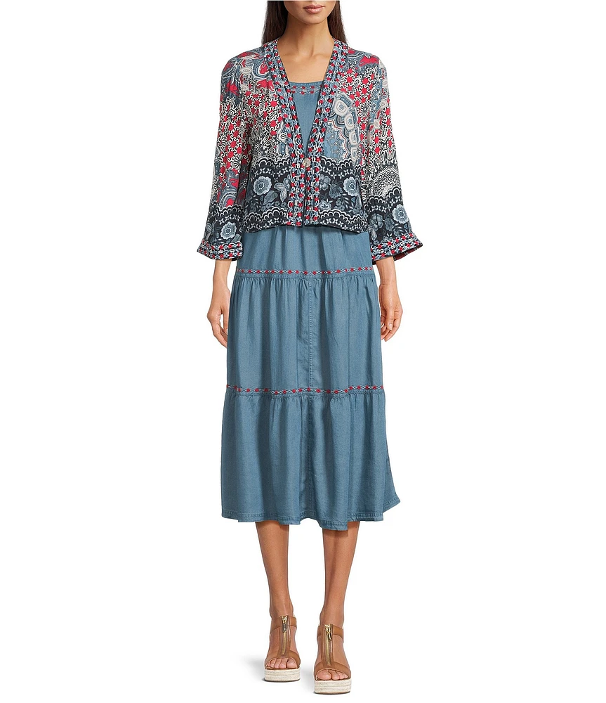 John Mark Embroidered Printed Tiered Kimono Midi Dress Set