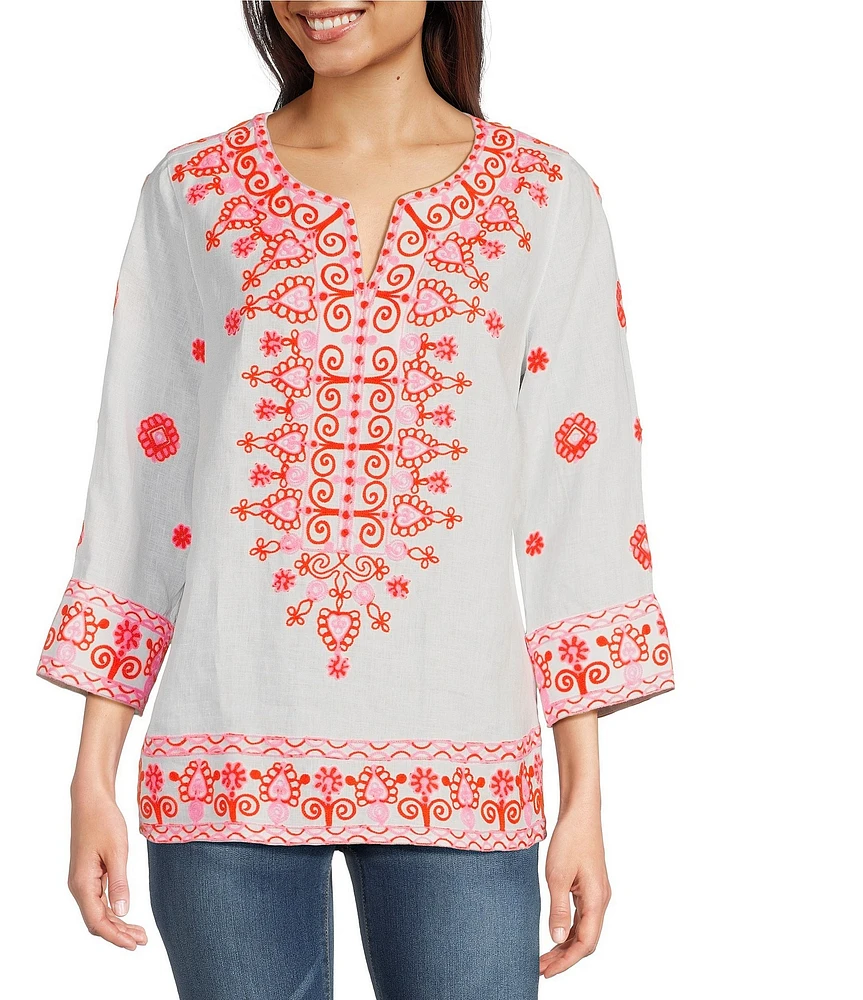John Mark Embroidered Medallion Motif Split V-Neck 3/4 Sleeve Hi-Low Hem Tunic