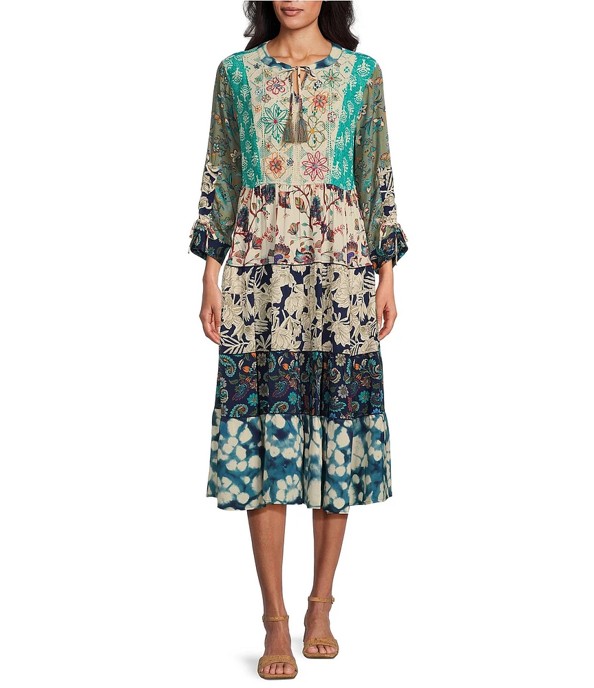 John Mark Floral Multi Print Embroidered Split V-Neck 3/4 Sleeve Cinched Tie A-Line Midi Dress