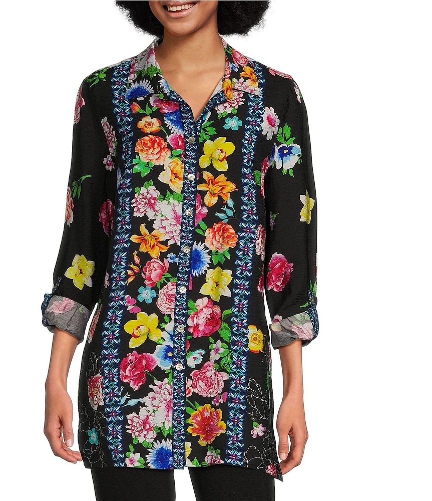 John Mark Floral Point Collar Long Roll-Tab Sleeve Button-Front Tunic