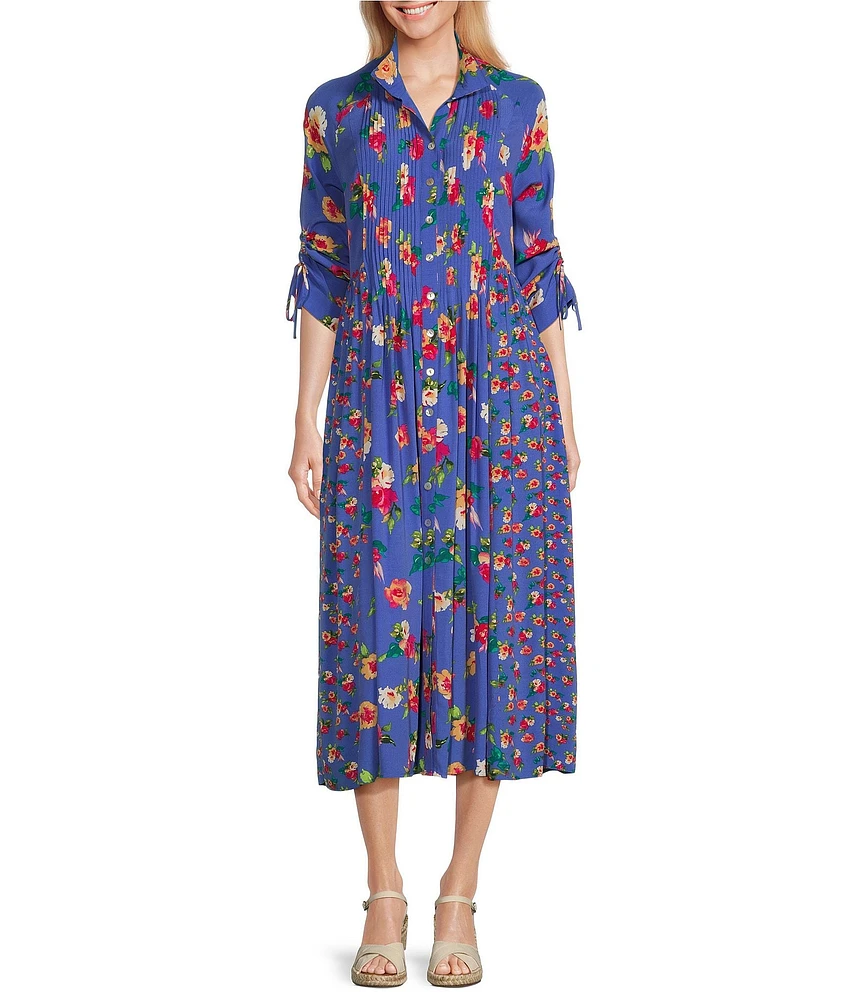John Mark Floral Wire Neck Cinch Tie Sleeve Button Front Midi Dress