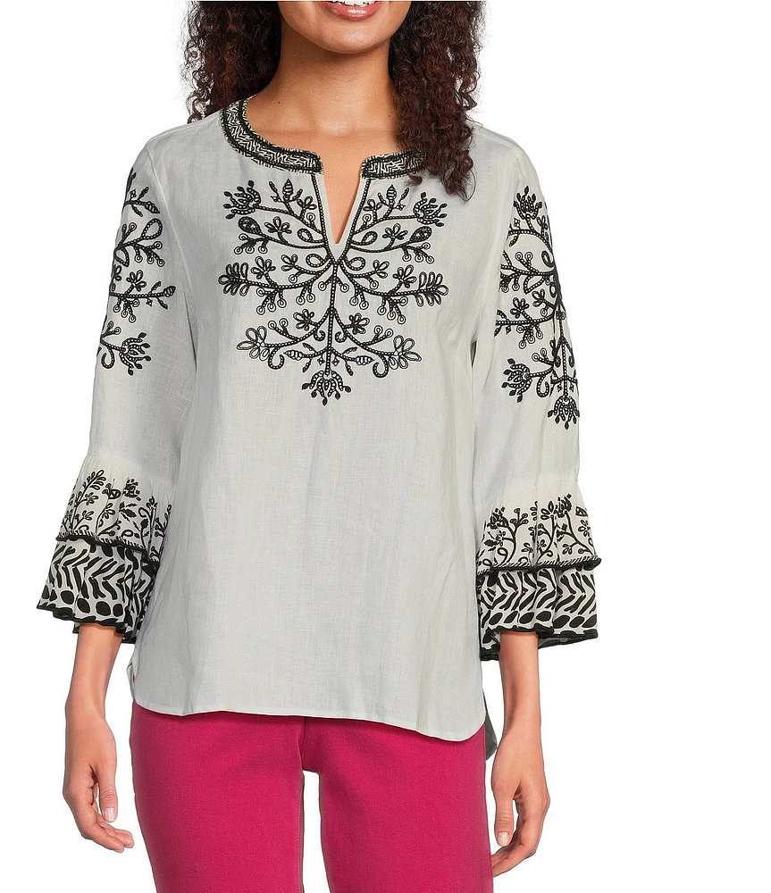John Mark Linen Embroidered Split V-Neck 3/4 Sleeve Tunic