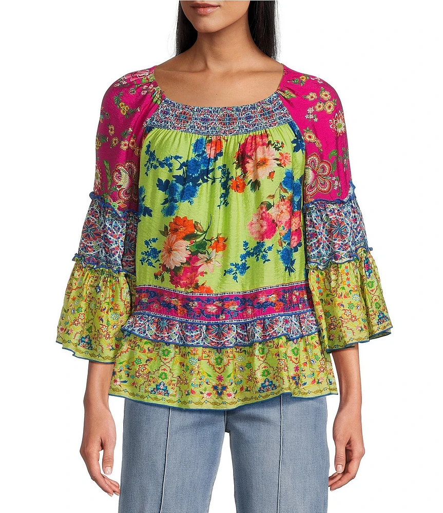 John Mark Mixed Print Scoop Neck 3/4 Ruffle Sleeve Blouse