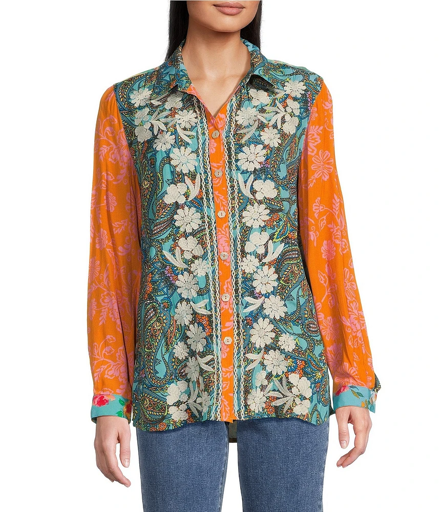 John Mark Multi Print Point Collar Long Roll-Tab Sleeve Button Front Top