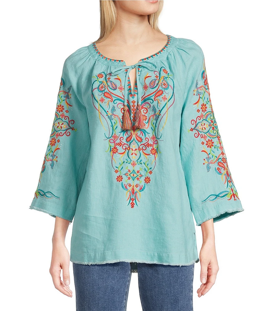 John Mark Petite Size Floral Embroidered Split V-Neck 3/4 Sleeve Frayed Tassel Tie Tunic