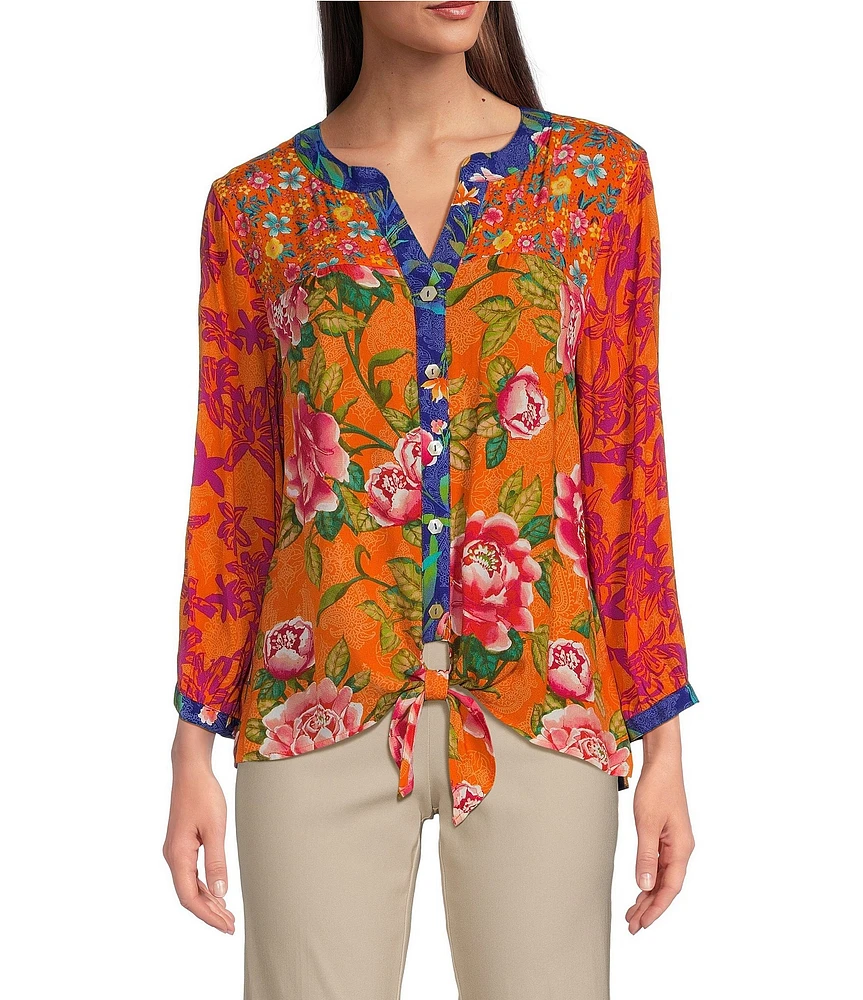 John Mark Petite Size Woven Printed Split V-Neck 3/4 Sleeve Button-Front Blouse