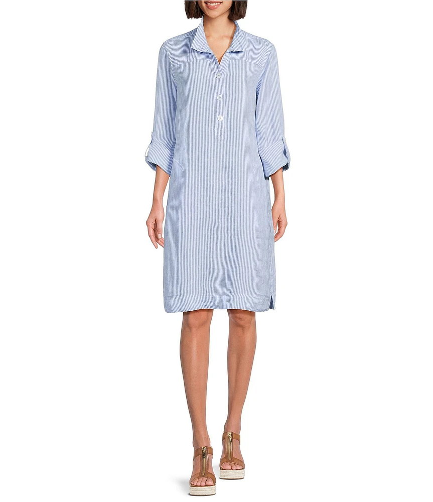John Mark Petite Size Yarn-Dye Stripe Linen Wire Collar 3/4 Roll-Tab Sleeve Shirt Dress