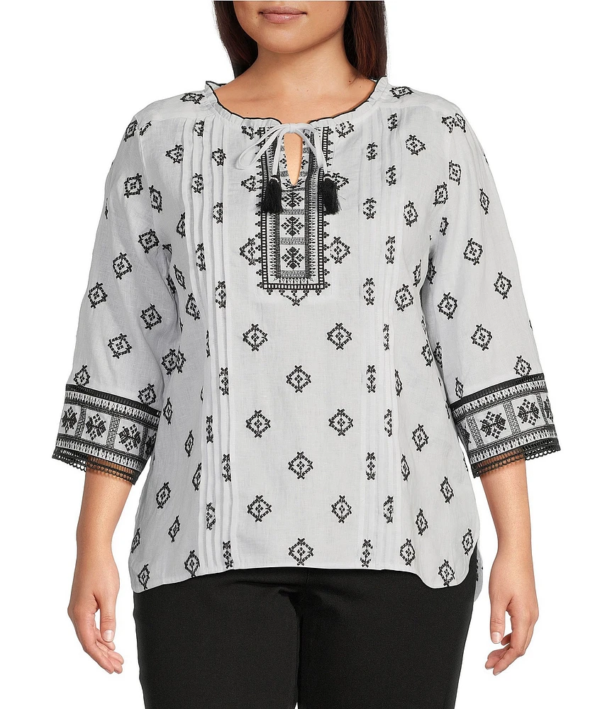 John Mark Plus Size Allover Embroidered Split V-Neck 3/4 Sleeve Tassel Tie Tunic