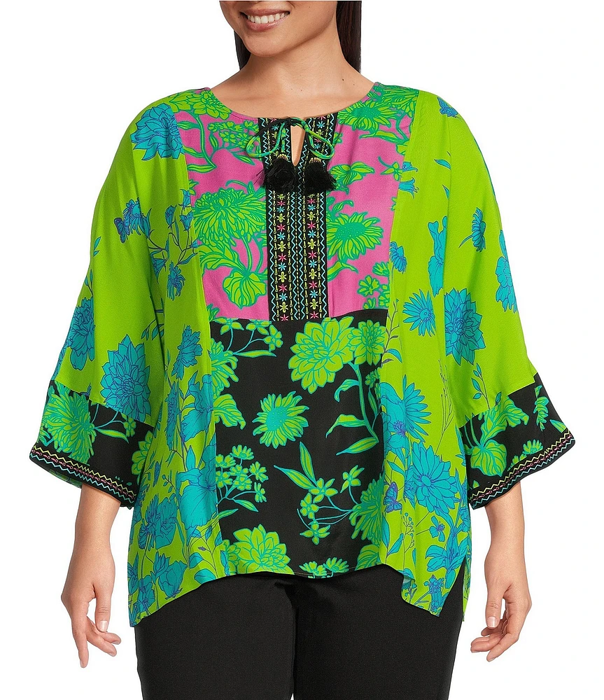 John Mark Plus Size Embroidered Printed Split Round Neck 3/4 Dolman Sleeve Tassel Tie Tunic