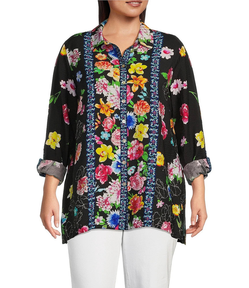 John Mark Plus Size Floral Point Collar Long Roll-Tab Sleeve Button Front Tunic