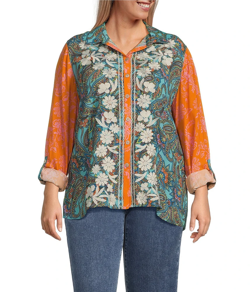 John Mark Plus Size Multi Print Point Collar Long Roll-Tab Sleeve Button Front Top