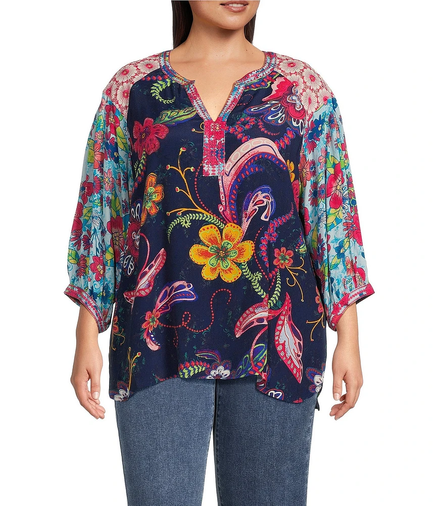 John Mark Plus Size Woven Embroidered Split V-Neck 3/4 Sleeve Tunic