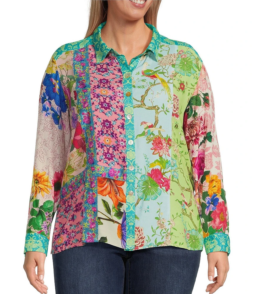 John Mark Plus Size Woven Mixed Floral Point Collar Long Roll-Tab Sleeve Button Front Blouse
