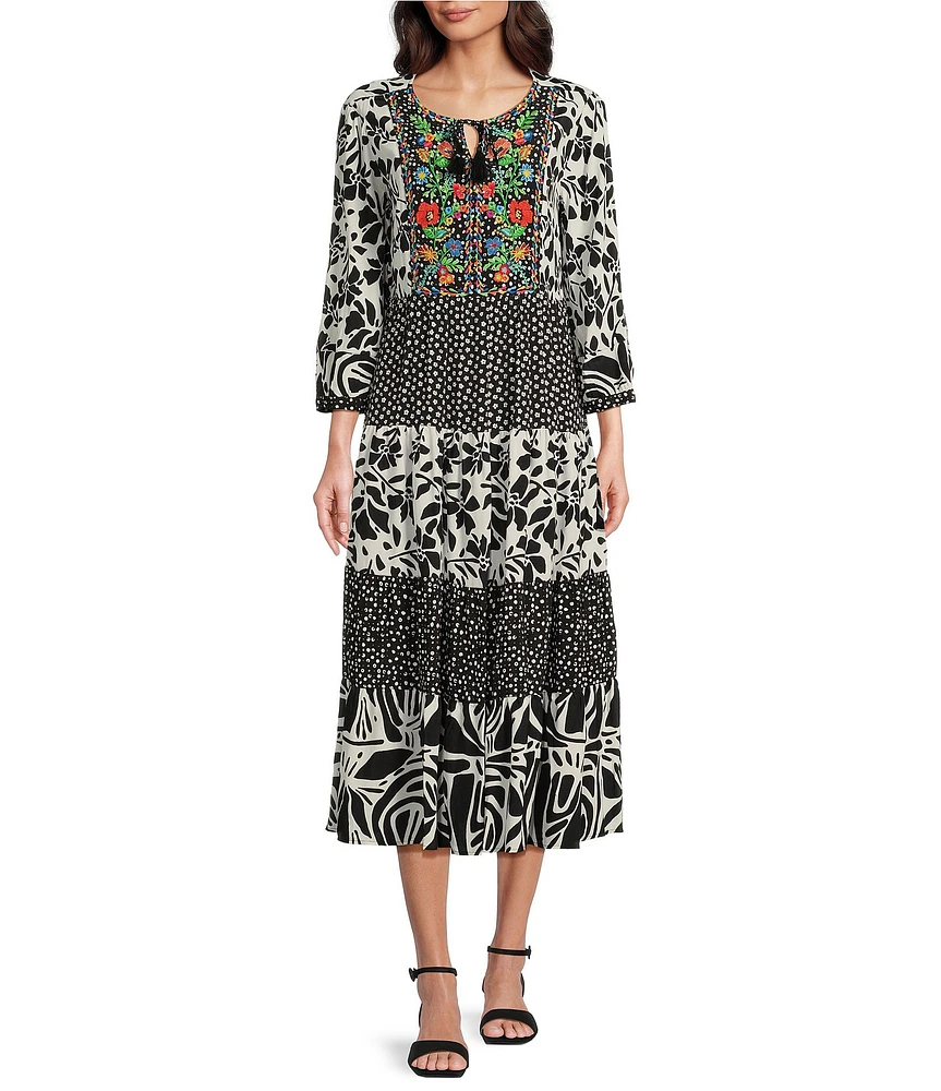 John Mark Split V-Neck 3/4 Sleeves Woven Print Midi Dress