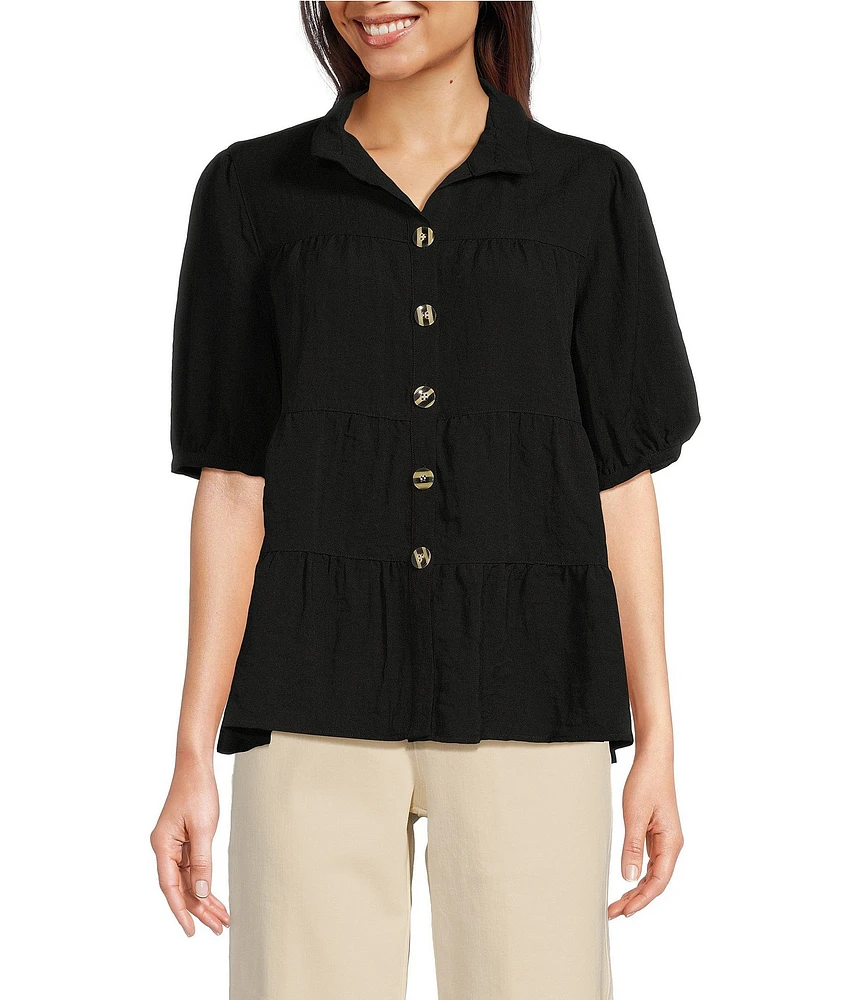John Mark Wire Collar Short Sleeve Tiered Button-Front Top