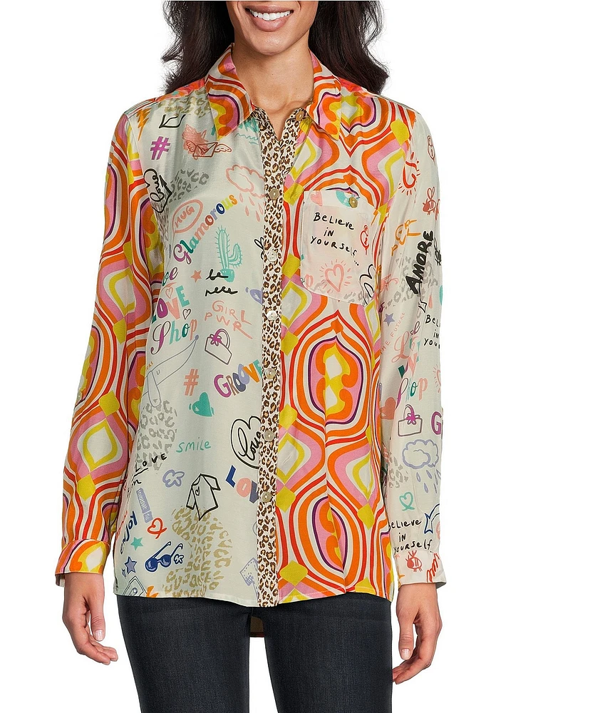 John Mark Woven Novelty Mix Print Point Collar Long Roll-Tab Sleeve Button-Front Tunic