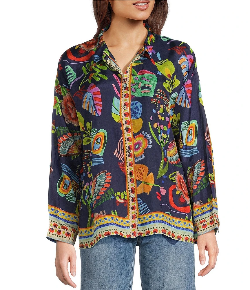 JOHNNY WAS Audrey Silk Farout Boho Floral Scarf Print V-Neck Long Roll Tab Sleeve Button Front Shirt