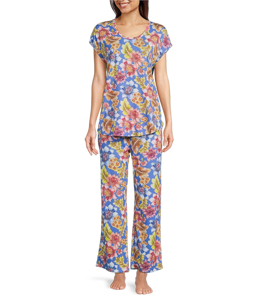 JOHNNY WAS Bobbie Floral Jersey Knit Cap Sleeve Scoop Neck Cropped Pajama Set