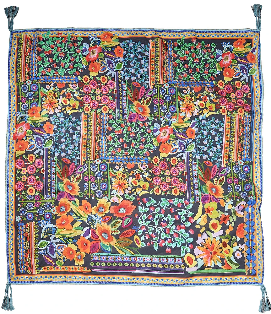 JOHNNY WAS Brush Painted Floral Printed Silk Square Scarf