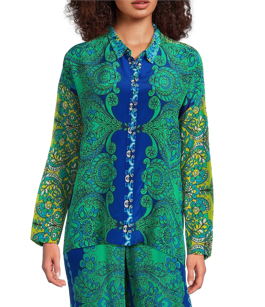 JOHNNY WAS Coordinating Audrey Silk Ornate Print Point Collar Long Sleeve Button Front Blouse