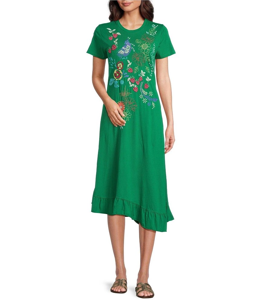 JOHNNY WAS Embroidered Floral Cotton Knit Crew Neck Short Sleeve Asymmetrical Ruffle Hem Midi Dress