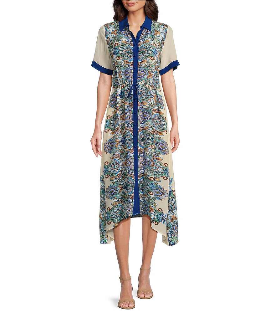 JOHNNY WAS Silk Paisley Spread Collar Short Sleeve Contrast Trim Button Front Handkerchief Midi Shirt Dress