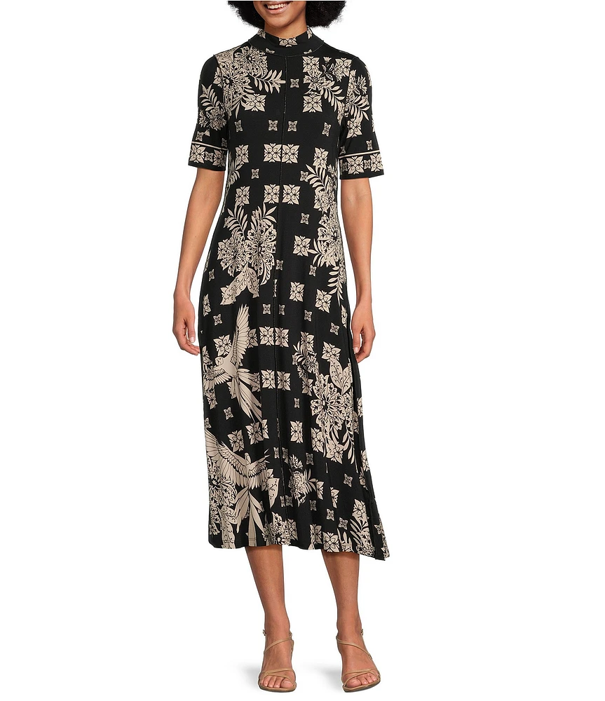 JOHNNY WAS The Janie Favorite Short Sleeve Seamed Mock Neck Printed Midi Dress