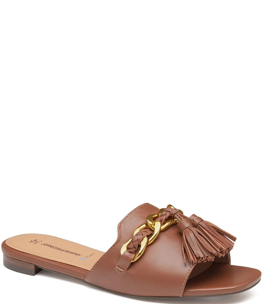 Johnston & Murphy Lilly Leather Chain Link Hardware Tassel Slide Sandals